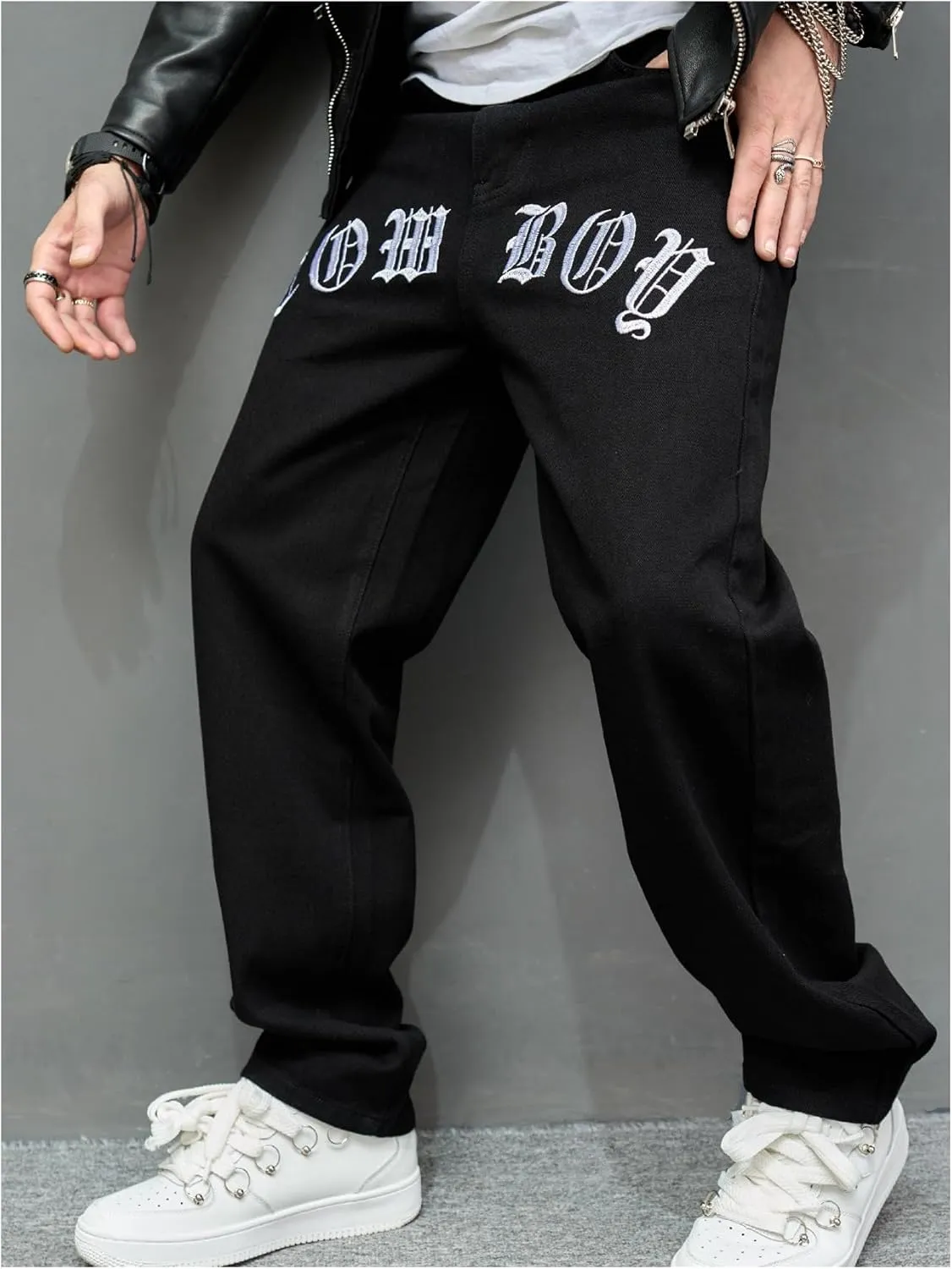 GORGLITTER Men's Black Wide-Leg Y2k Skater Jeans, Loose Fit, High Rise, S, M, L, XL, XXL