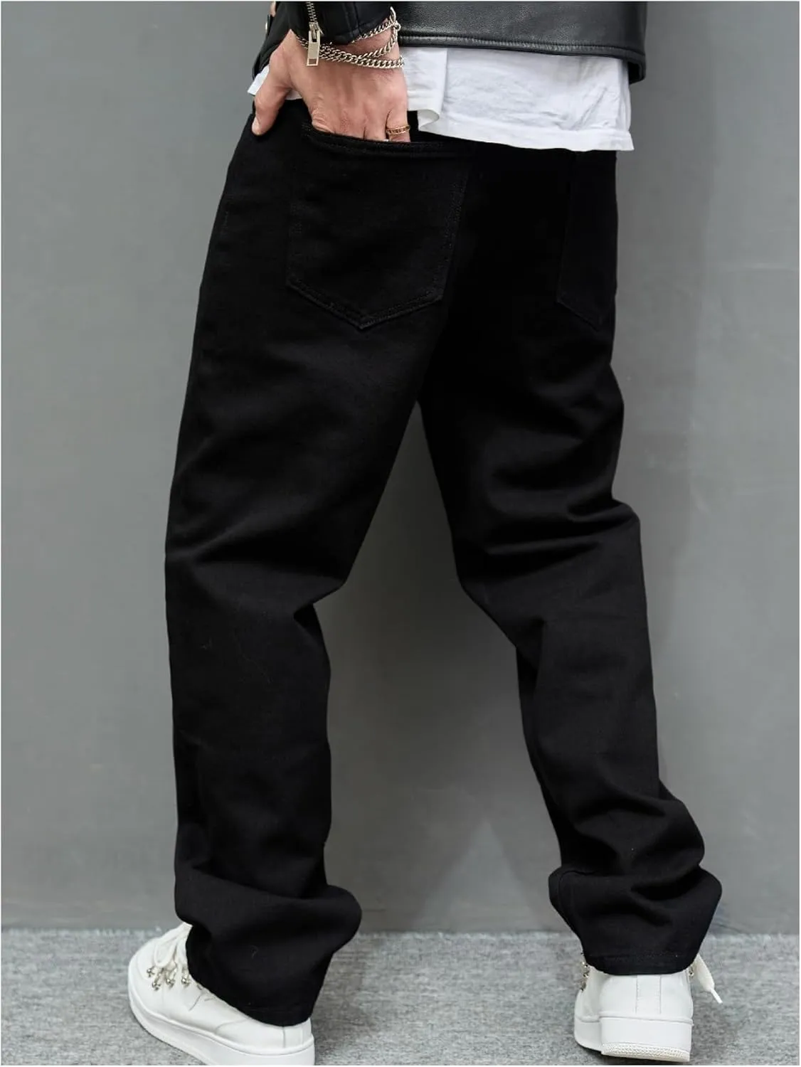 GORGLITTER Men's Black Wide-Leg Y2k Skater Jeans, Loose Fit, High Rise, S, M, L, XL, XXL