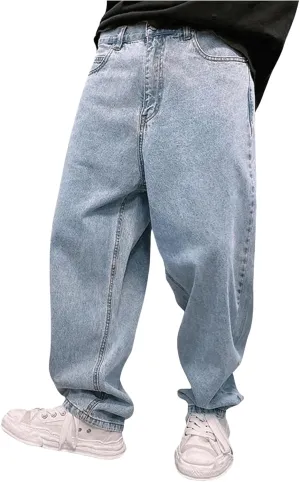 GORGLITTER Men's Black Wide-Leg Y2k Skater Jeans, Loose Fit, High Rise, S, M, L, XL, XXL