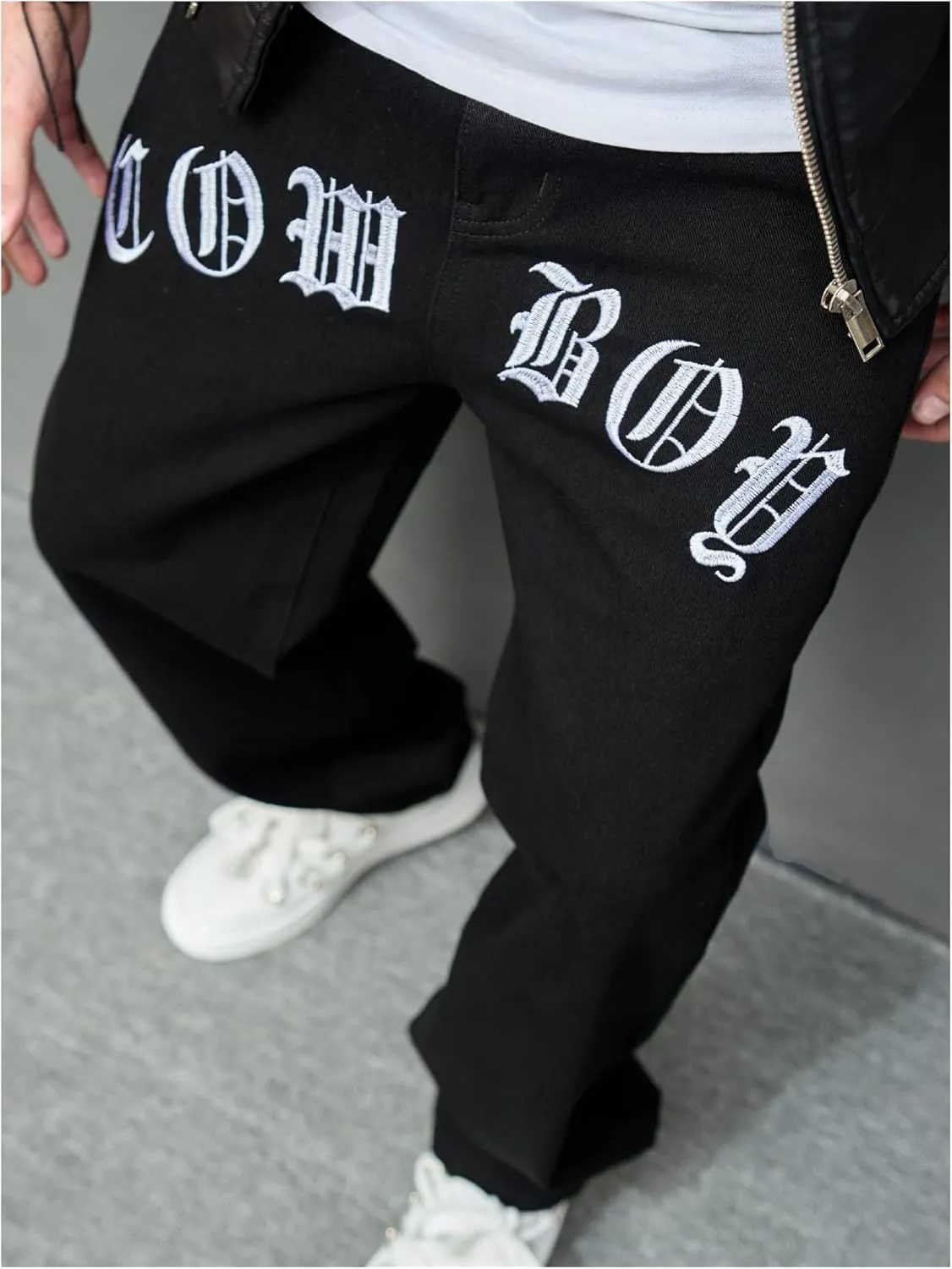 GORGLITTER Men's Black Wide-Leg Y2k Skater Jeans, Loose Fit, High Rise, S, M, L, XL, XXL
