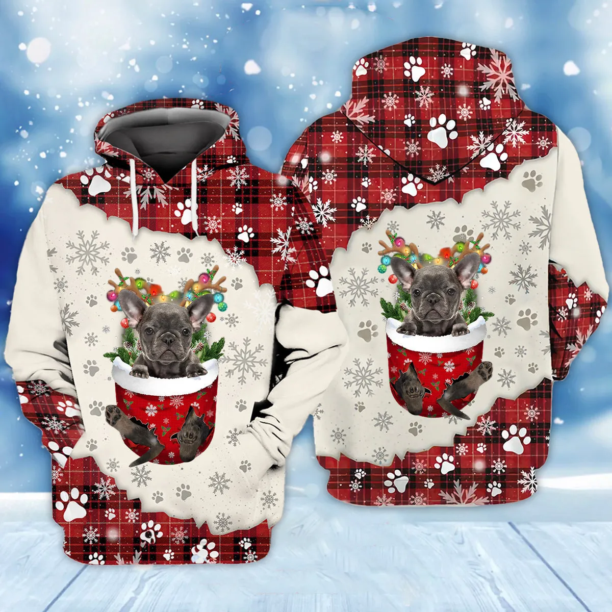 Grey French Bulldog In Snow Pocket Merry Christmas Unisex Hoodie