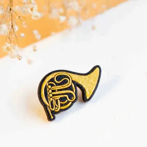 Hand-painted French Horn Wooden Pin Badge - PT45192