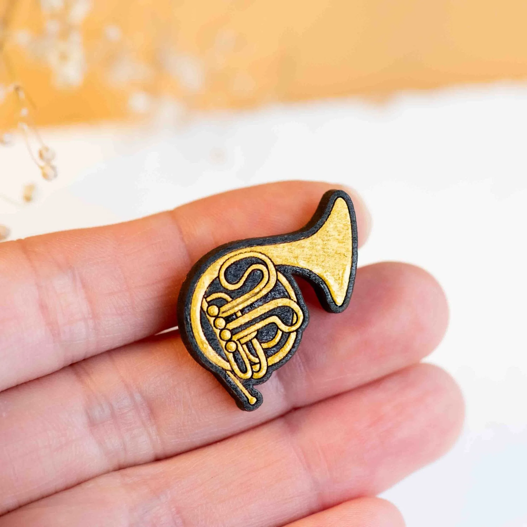 Hand-painted French Horn Wooden Pin Badge - PT45192