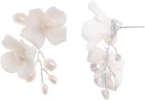 Handmade Ceramic Flower Pearl Stud Earring Drop, White Wedding Prom Accessories Post Earrings Jewelry for Brides Women