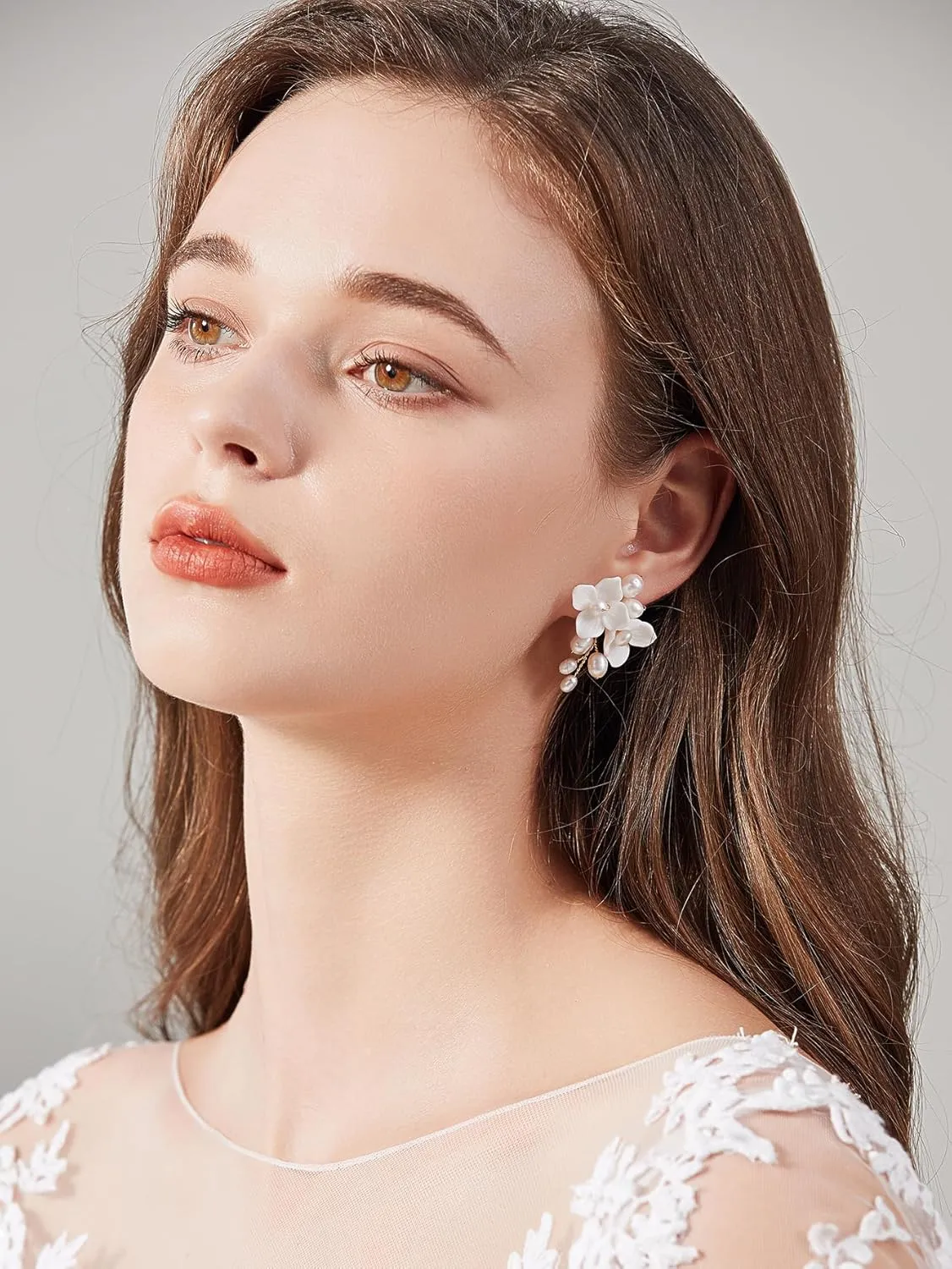 Handmade Ceramic Flower Pearl Stud Earring Drop, White Wedding Prom Accessories Post Earrings Jewelry for Brides Women