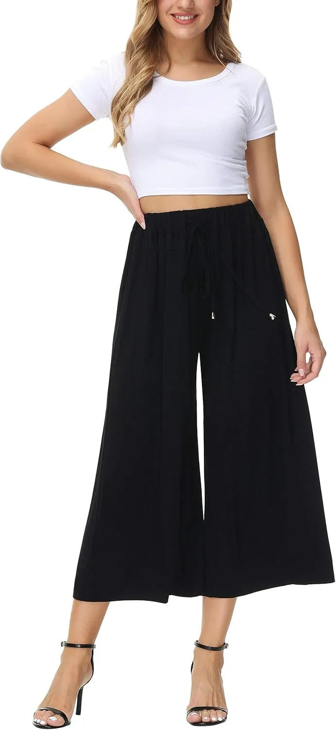 HOW'ON Women's Elastic Waist Wide Leg Casual Palazzo Capri Culottes Pants Soft Knit Cropped Pants