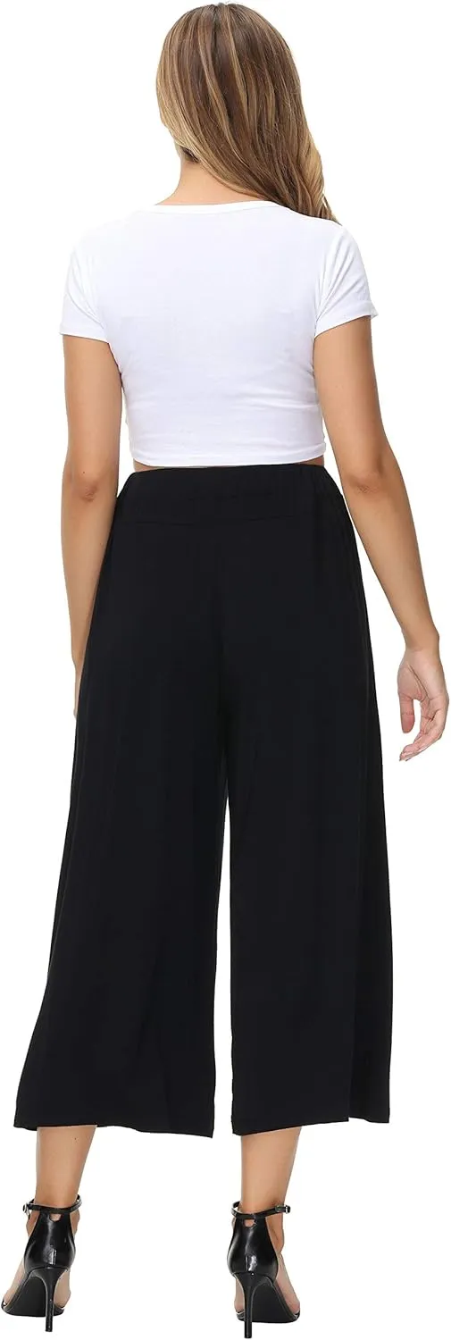 HOW'ON Women's Elastic Waist Wide Leg Casual Palazzo Capri Culottes Pants Soft Knit Cropped Pants