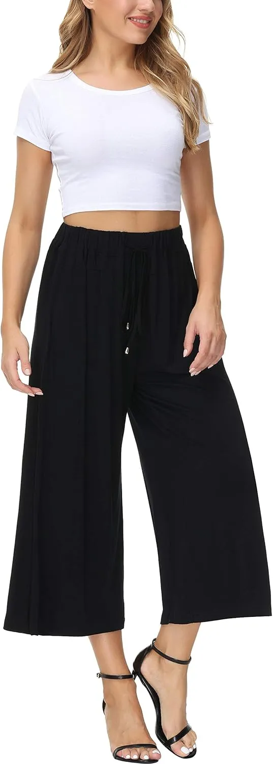 HOW'ON Women's Elastic Waist Wide Leg Casual Palazzo Capri Culottes Pants Soft Knit Cropped Pants