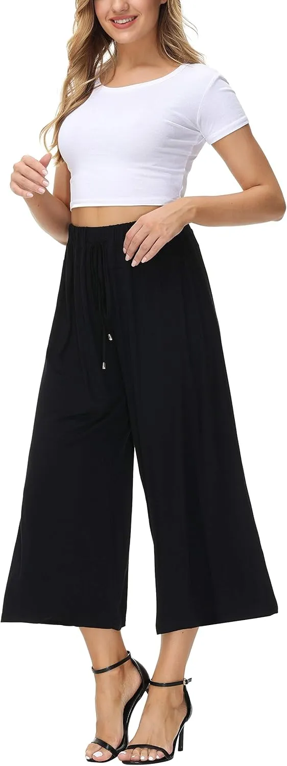 HOW'ON Women's Elastic Waist Wide Leg Casual Palazzo Capri Culottes Pants Soft Knit Cropped Pants