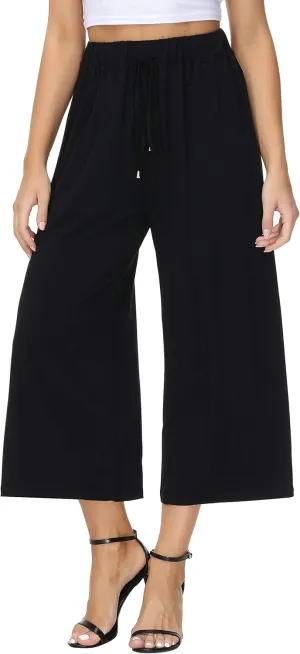 HOW'ON Women's Elastic Waist Wide Leg Casual Palazzo Capri Culottes Pants Soft Knit Cropped Pants