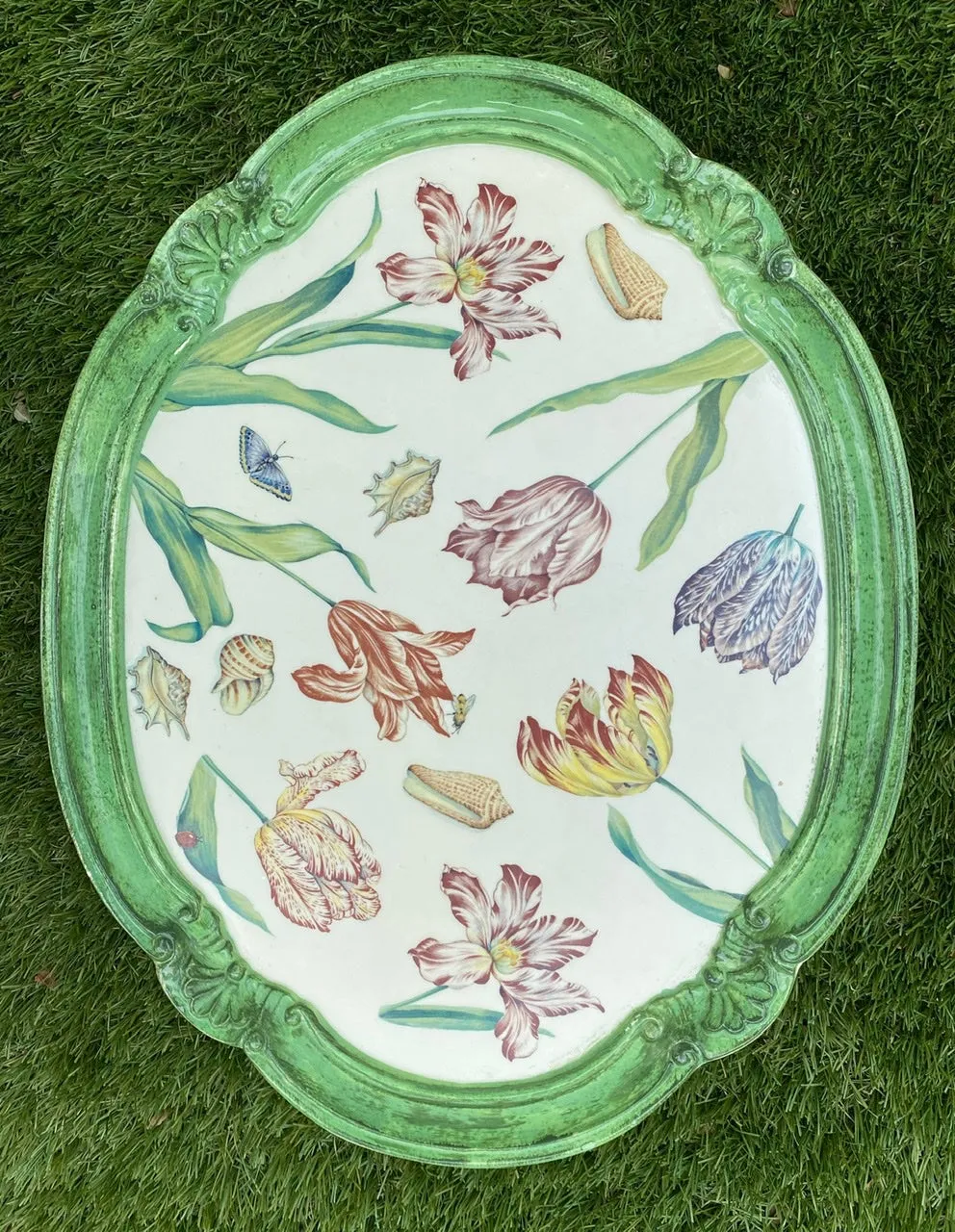 Italian Florentine Wood Tray Painted Parrot Tulips Ladybug Butterfly Shells
