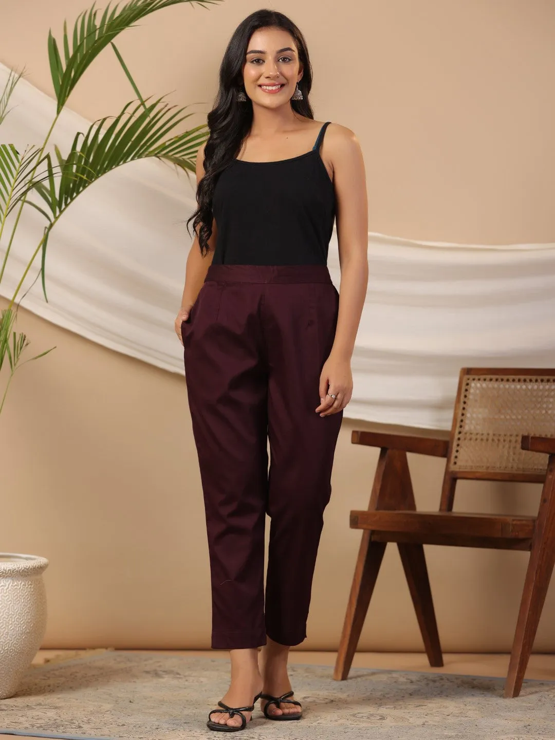 Jashvi Plum Solid Lycra Women Drawstring Pants With Single Side Pocket