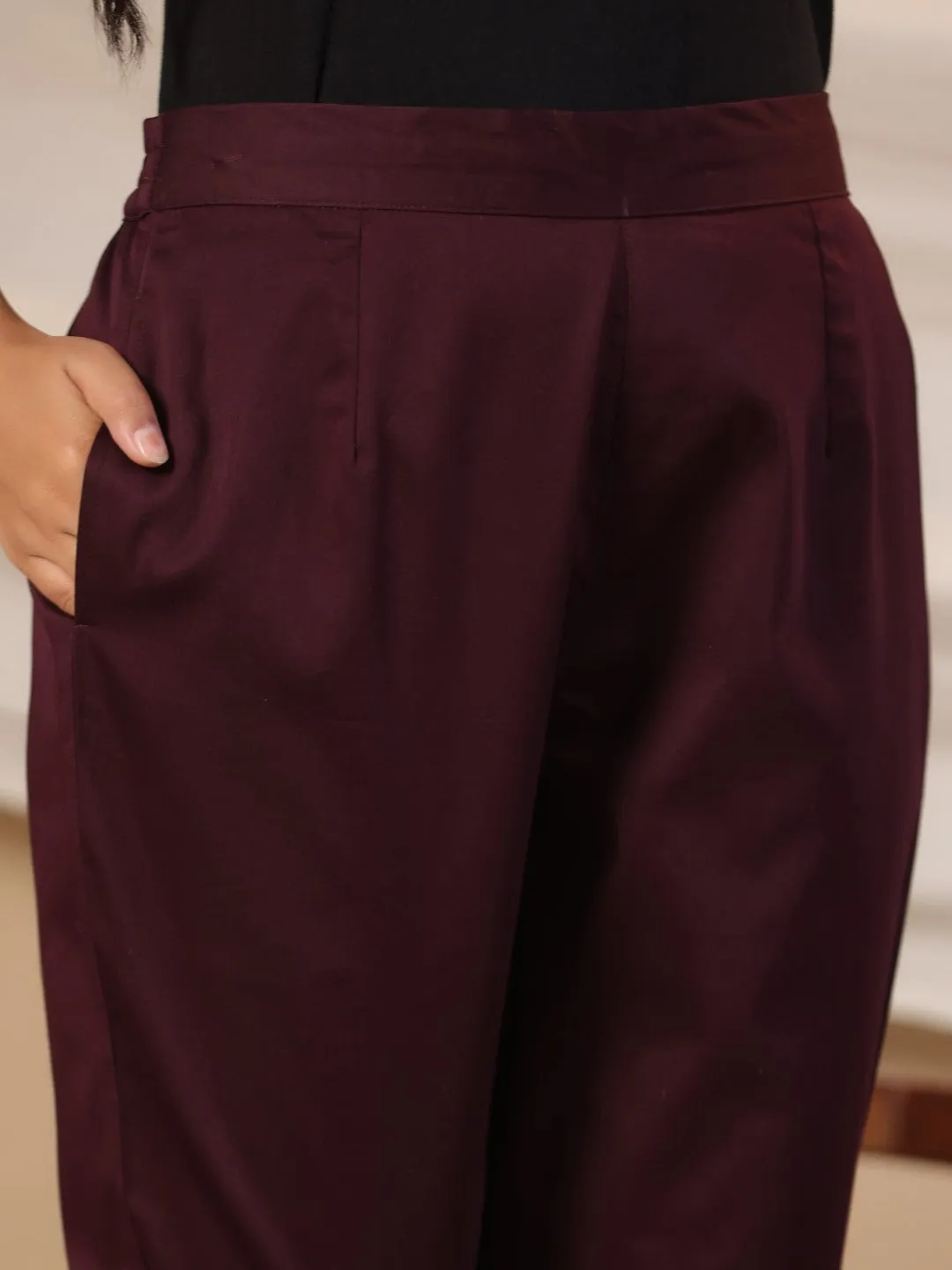 Jashvi Plum Solid Lycra Women Drawstring Pants With Single Side Pocket