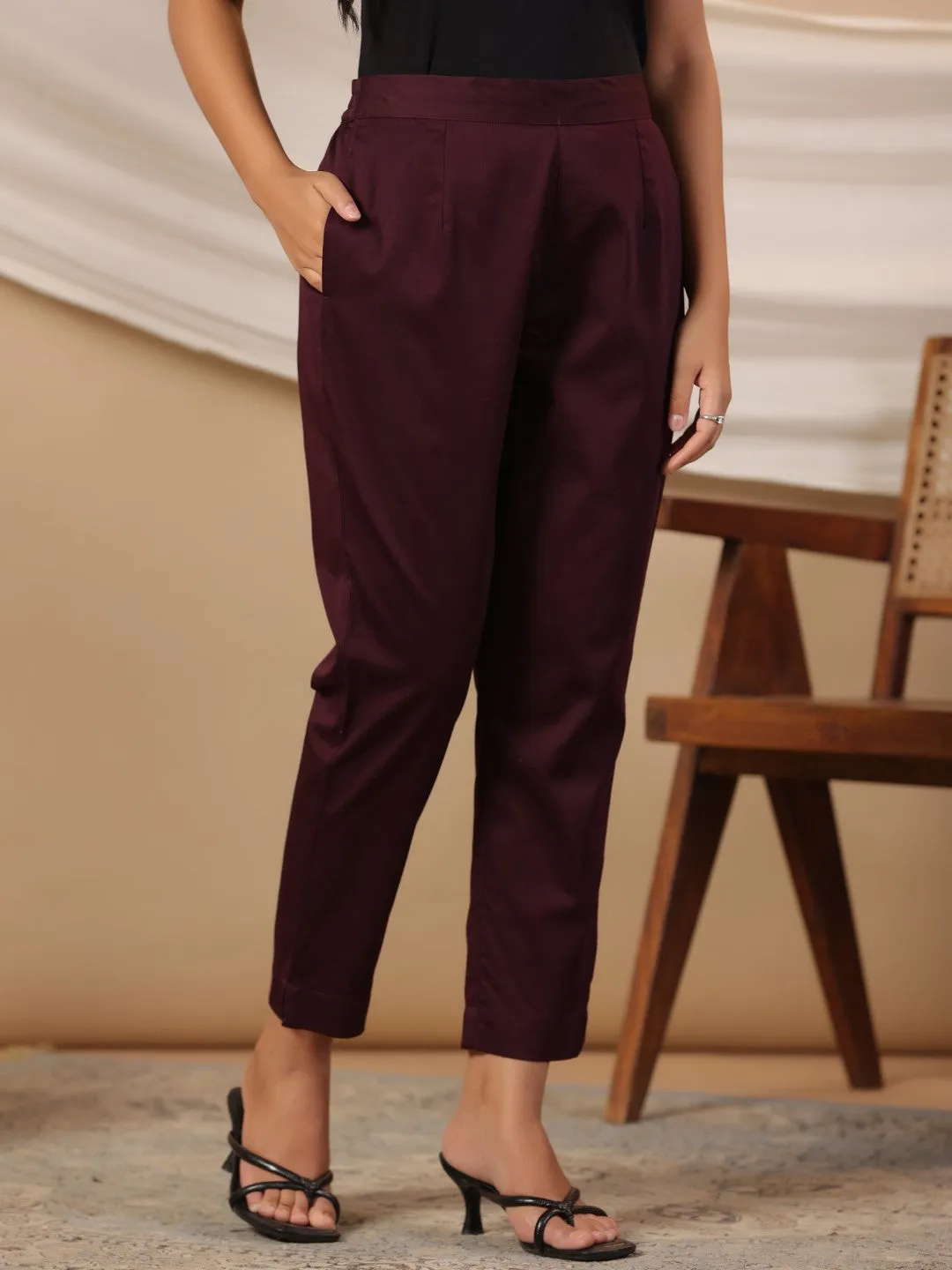 Jashvi Plum Solid Lycra Women Drawstring Pants With Single Side Pocket