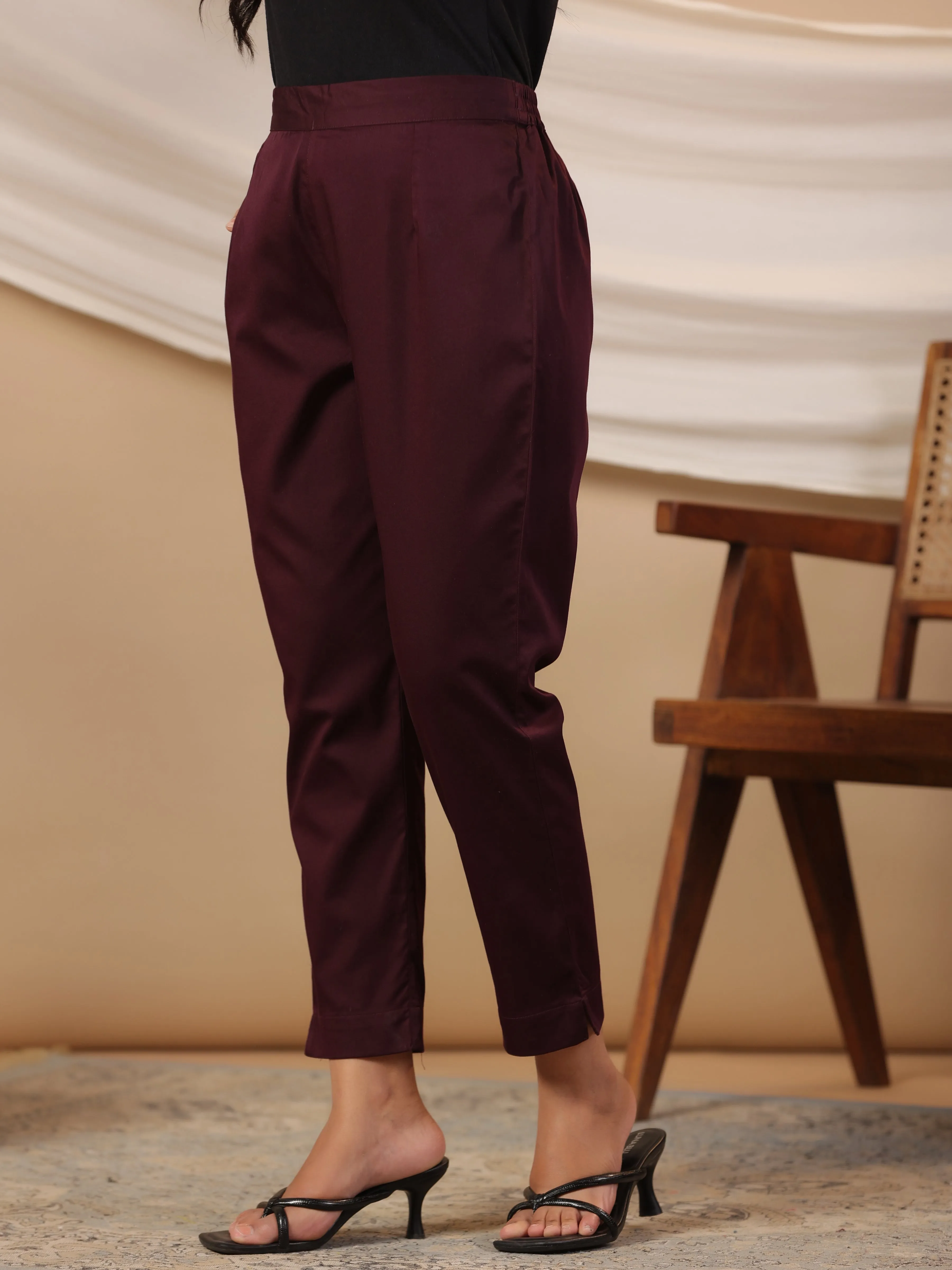 Jashvi Plum Solid Lycra Women Drawstring Pants With Single Side Pocket