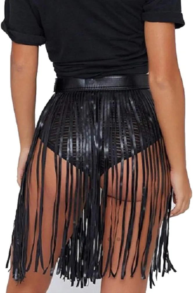 Leather Fringe Skirt Tassel Hip Scarf Summer Beach Belts for Women Black