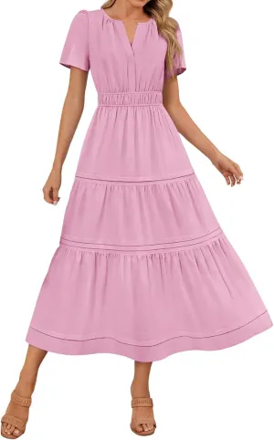 Linen Dresses for Women 2025,Flowy Pleated T Shirt Modest Maxi Dresses Trendy Cute Beach Vacation A Line Sundresses