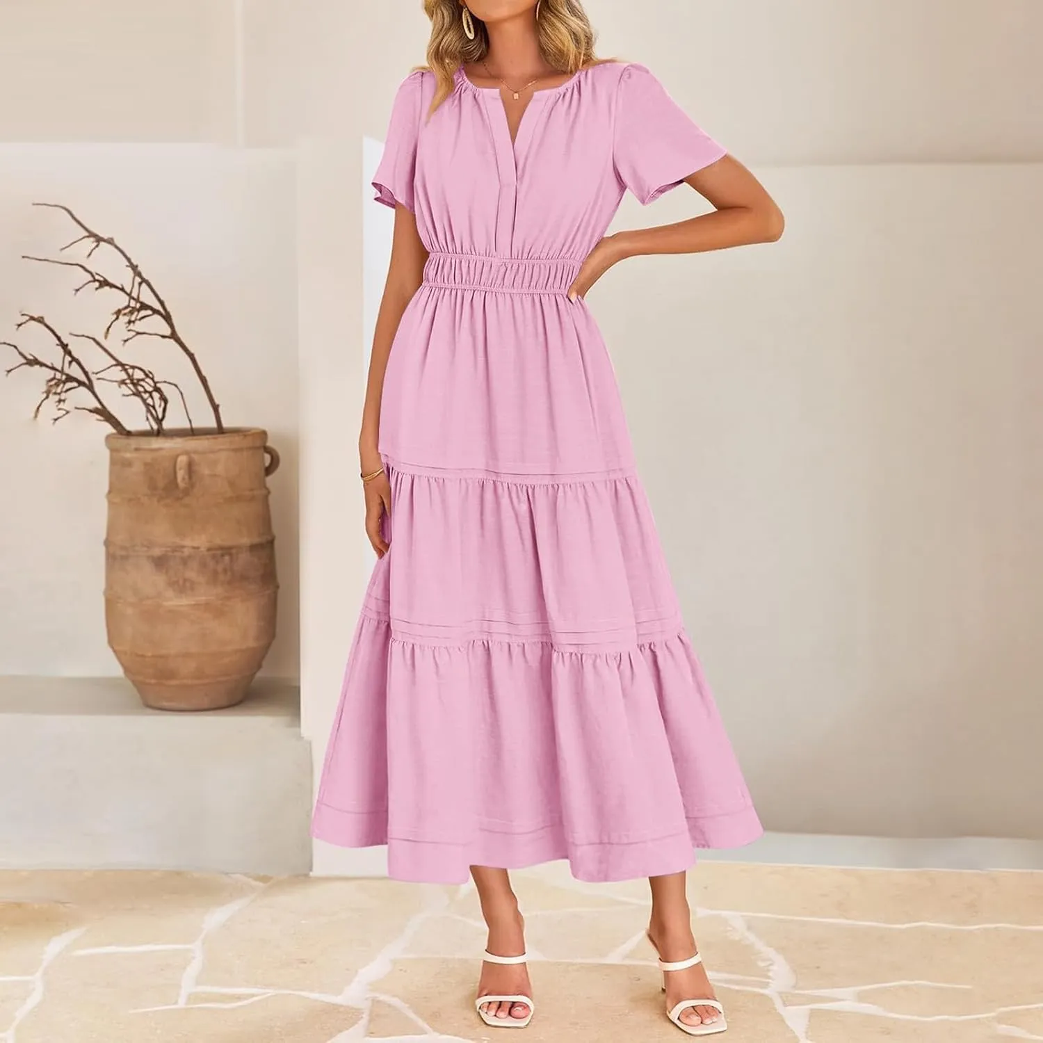 Linen Dresses for Women 2025,Flowy Pleated T Shirt Modest Maxi Dresses Trendy Cute Beach Vacation A Line Sundresses