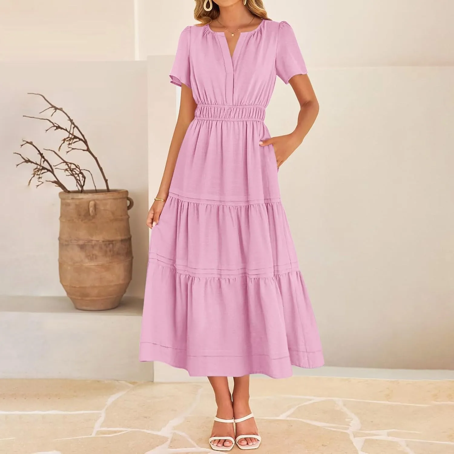 Linen Dresses for Women 2025,Flowy Pleated T Shirt Modest Maxi Dresses Trendy Cute Beach Vacation A Line Sundresses