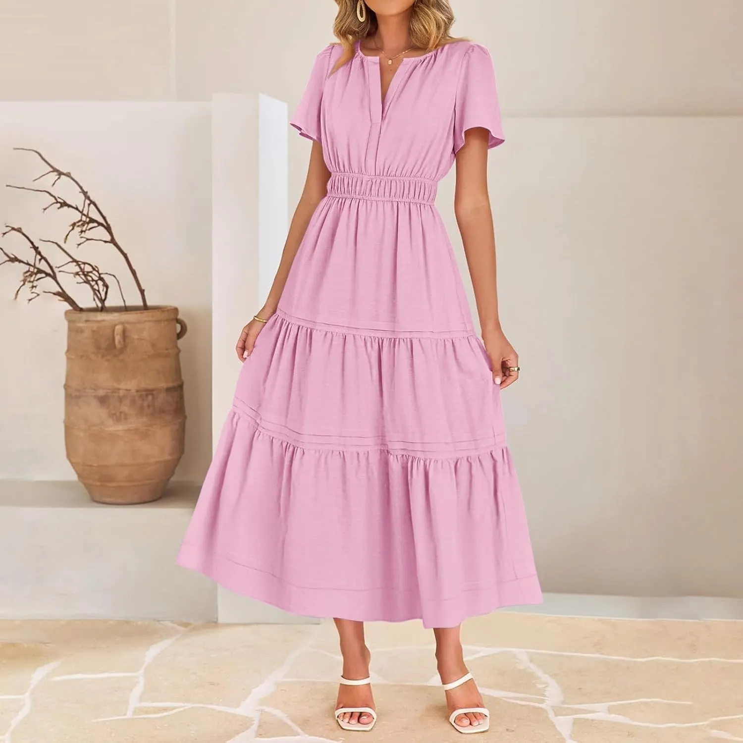 Linen Dresses for Women 2025,Flowy Pleated T Shirt Modest Maxi Dresses Trendy Cute Beach Vacation A Line Sundresses