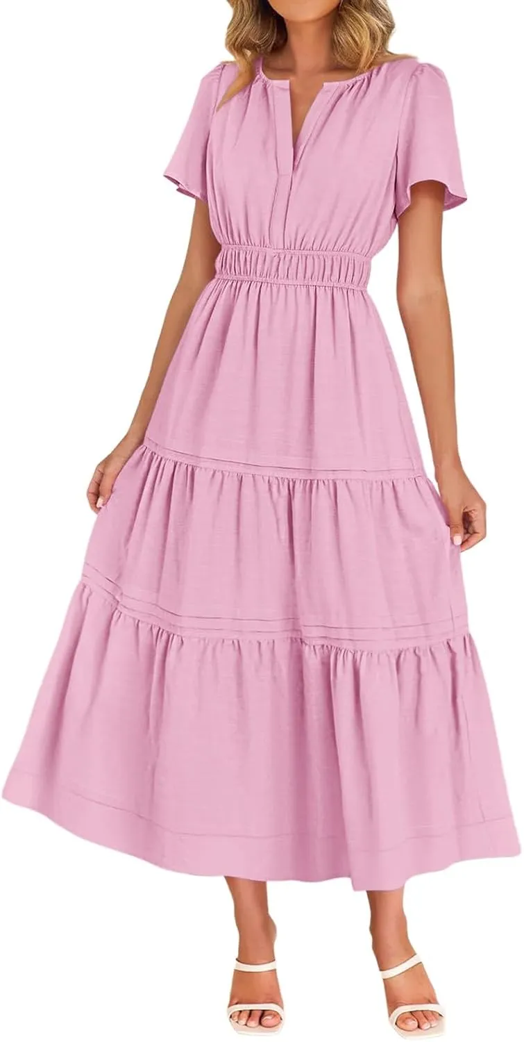 Linen Dresses for Women 2025,Flowy Pleated T Shirt Modest Maxi Dresses Trendy Cute Beach Vacation A Line Sundresses