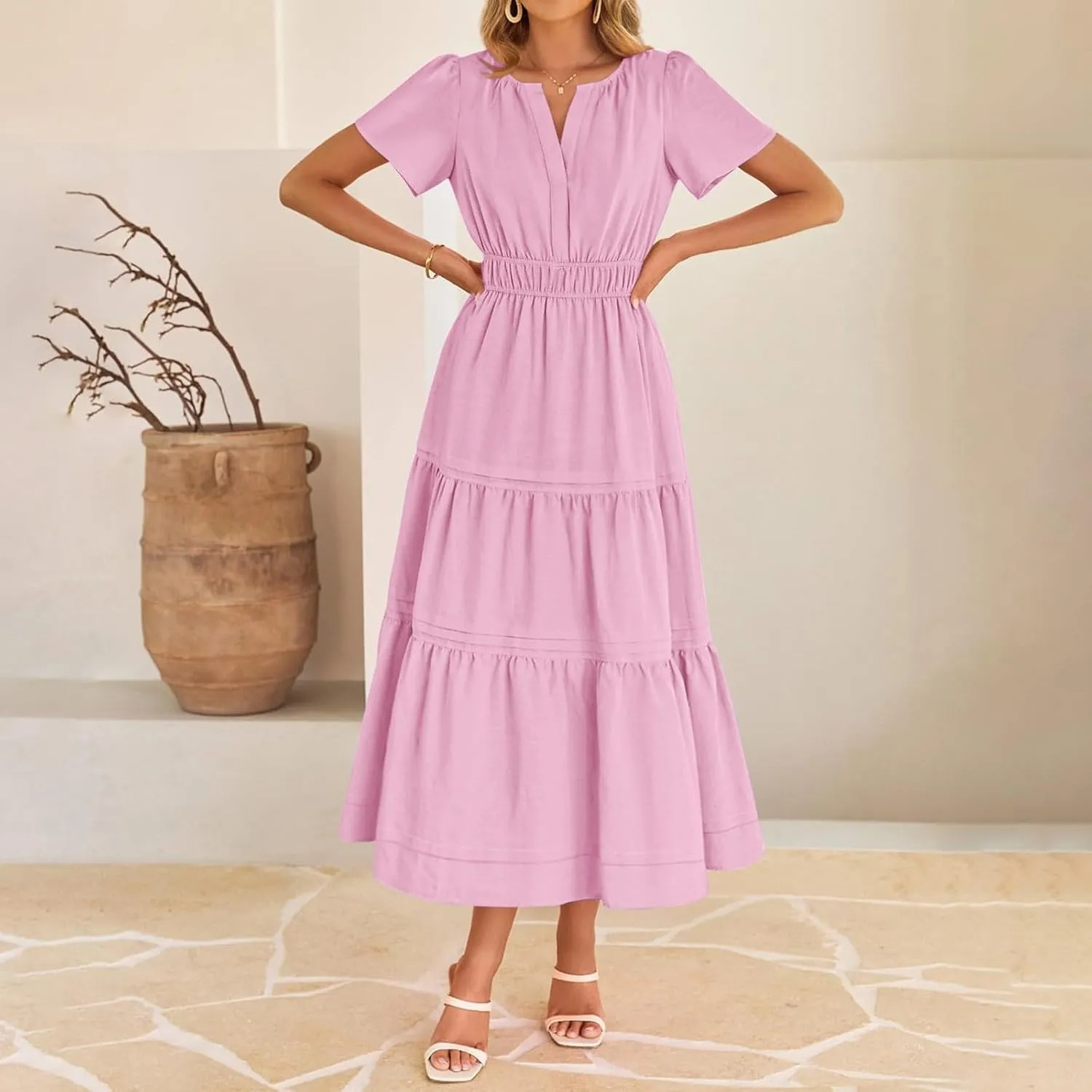 Linen Dresses for Women 2025,Flowy Pleated T Shirt Modest Maxi Dresses Trendy Cute Beach Vacation A Line Sundresses