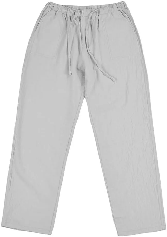 Linen Pants Men Big Tall Casual Cotton Yoga Pants with Pockets Drawstring Elastic Waist Straight-Leg Lightweight Trousers