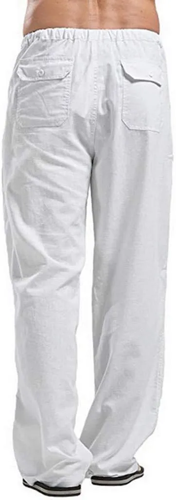 Linen Pants Men Big Tall Casual Cotton Yoga Pants with Pockets Drawstring Elastic Waist Straight-Leg Lightweight Trousers