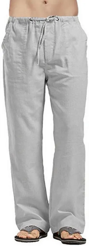 Linen Pants Men Big Tall Casual Cotton Yoga Pants with Pockets Drawstring Elastic Waist Straight-Leg Lightweight Trousers
