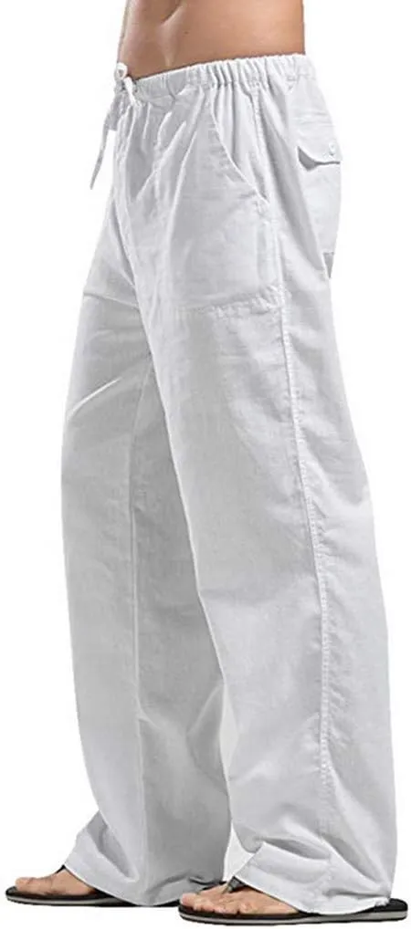 Linen Pants Men Big Tall Casual Cotton Yoga Pants with Pockets Drawstring Elastic Waist Straight-Leg Lightweight Trousers