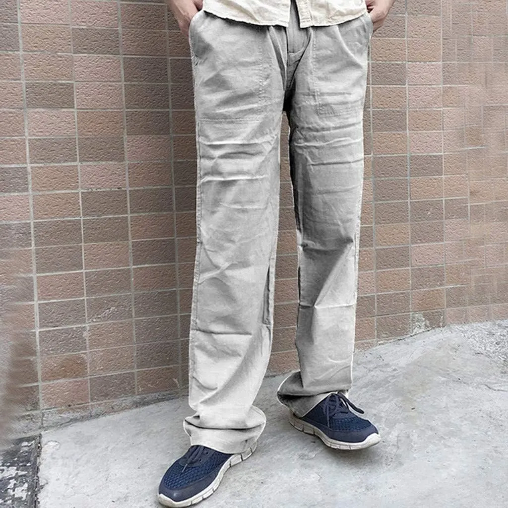 Linen Pants Men Big Tall Casual Cotton Yoga Pants with Pockets Drawstring Elastic Waist Straight-Leg Lightweight Trousers