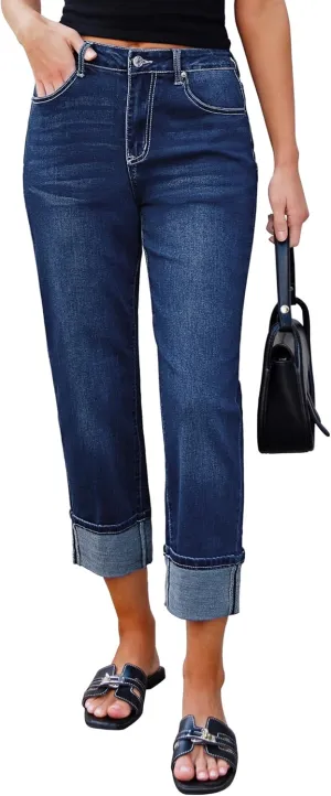 luvamia Straight Leg Jeans for Women Trendy Cropped High Waisted Cuffed Hem Stretchy Boyfriend Capri Jeans with Pockets