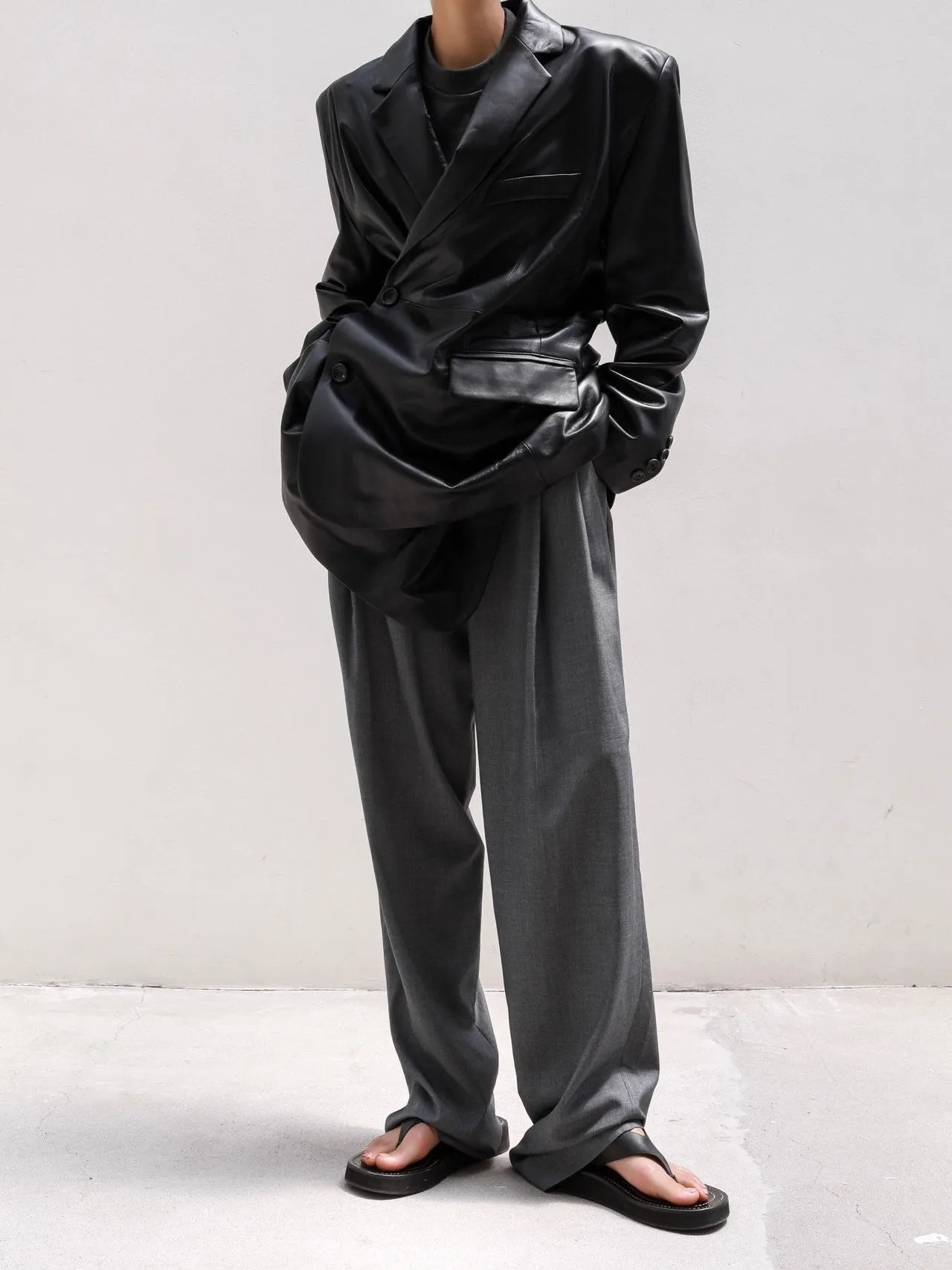 LUXE LEATHER UNBALANCED BOYFRIEND BLAZER