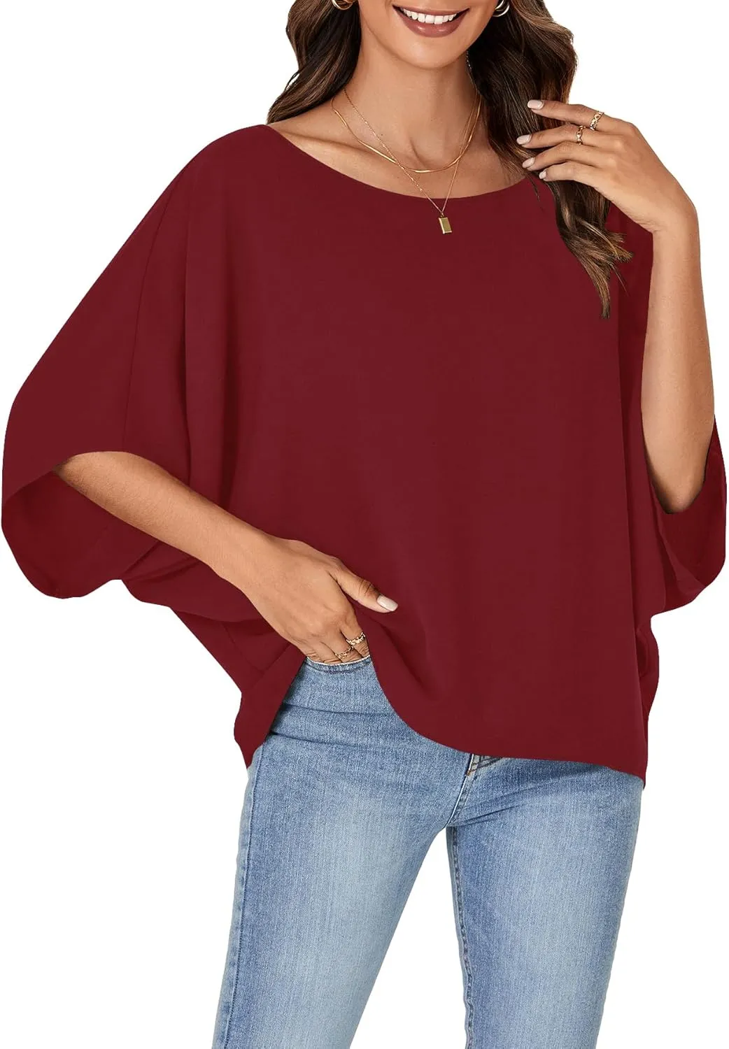 LYANER Women's Casual Loose Off Shoulder Batwing Half Sleeve Blouse Shirt Tunic Top
