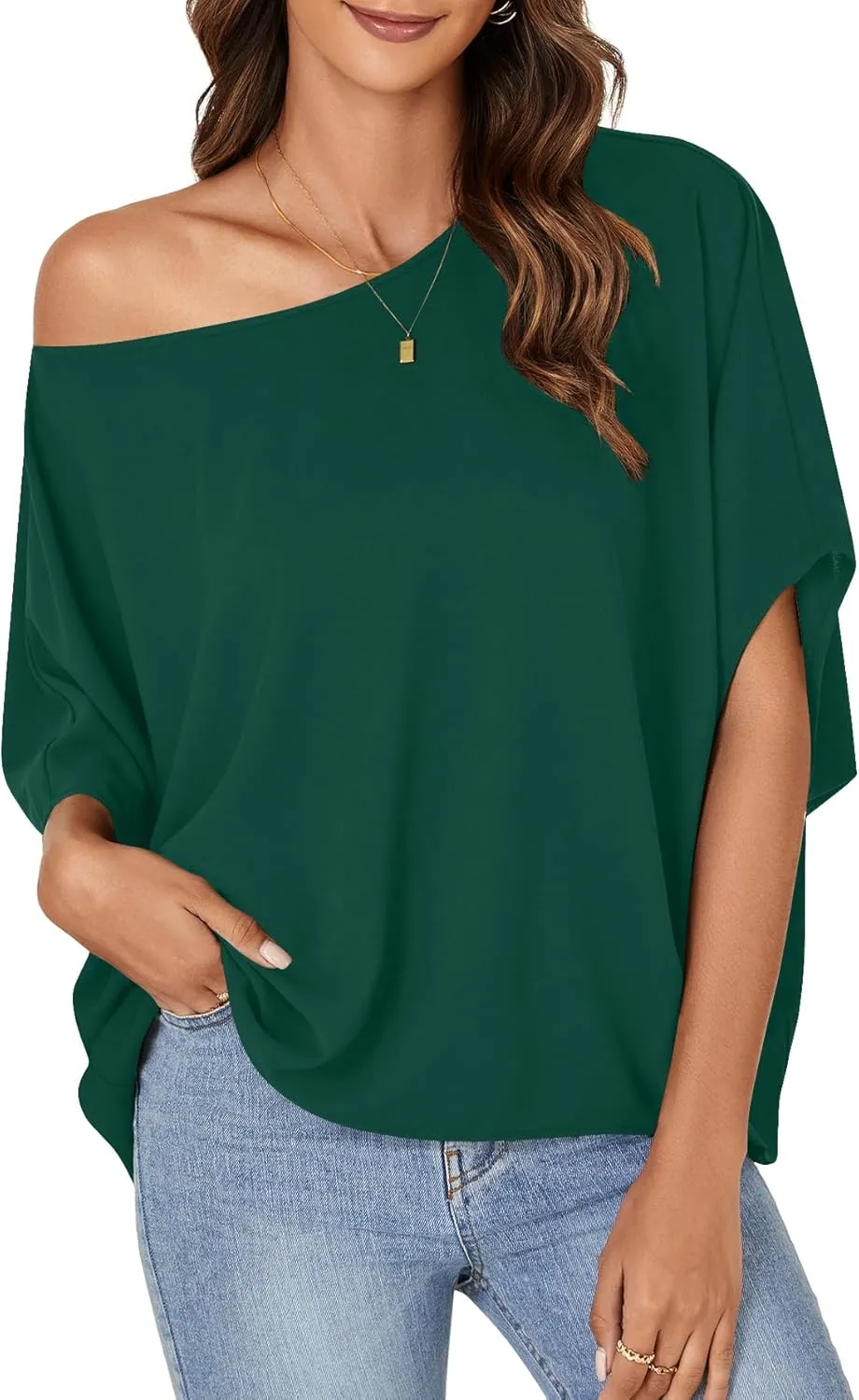 LYANER Women's Casual Loose Off Shoulder Batwing Half Sleeve Blouse Shirt Tunic Top