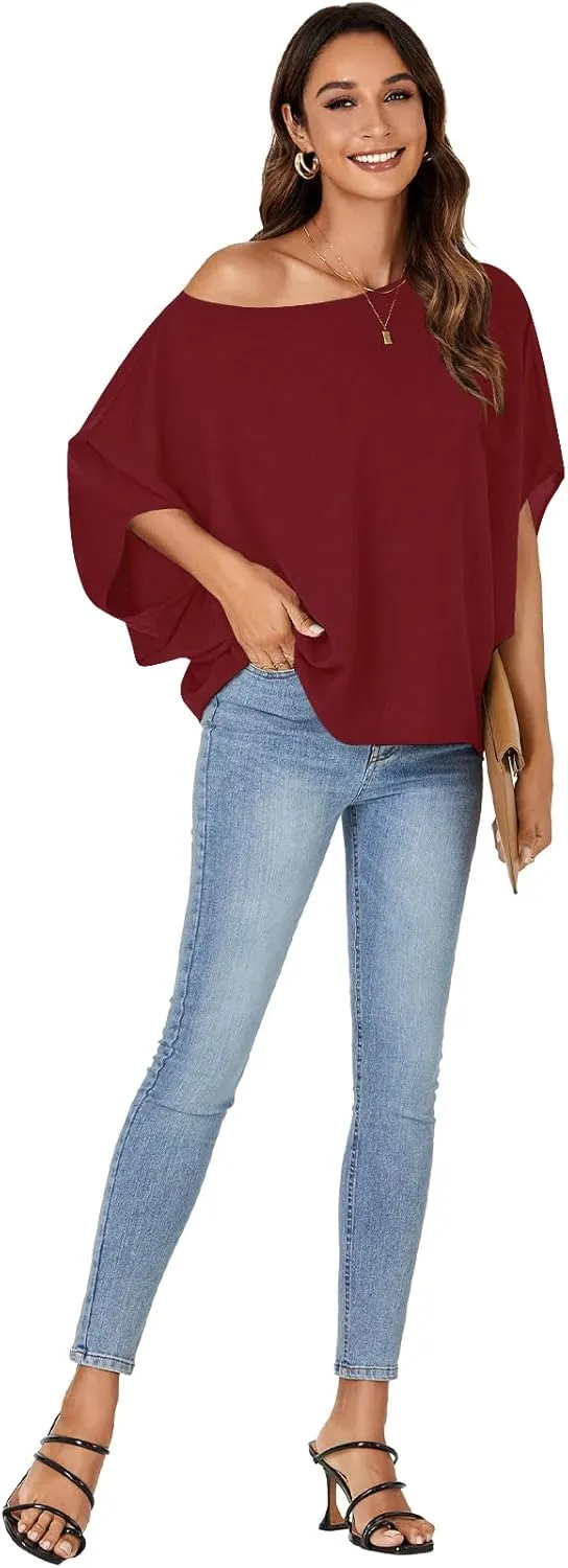 LYANER Women's Casual Loose Off Shoulder Batwing Half Sleeve Blouse Shirt Tunic Top