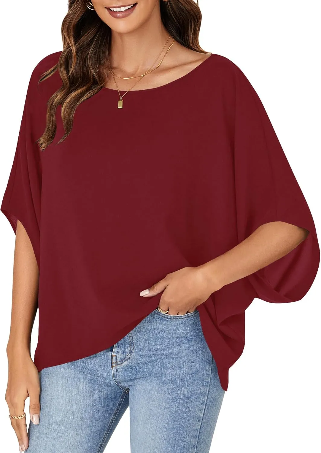LYANER Women's Casual Loose Off Shoulder Batwing Half Sleeve Blouse Shirt Tunic Top