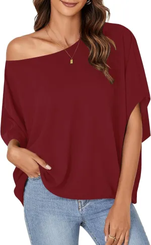LYANER Women's Casual Loose Off Shoulder Batwing Half Sleeve Blouse Shirt Tunic Top