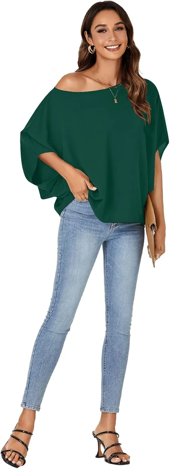 LYANER Women's Casual Loose Off Shoulder Batwing Half Sleeve Blouse Shirt Tunic Top