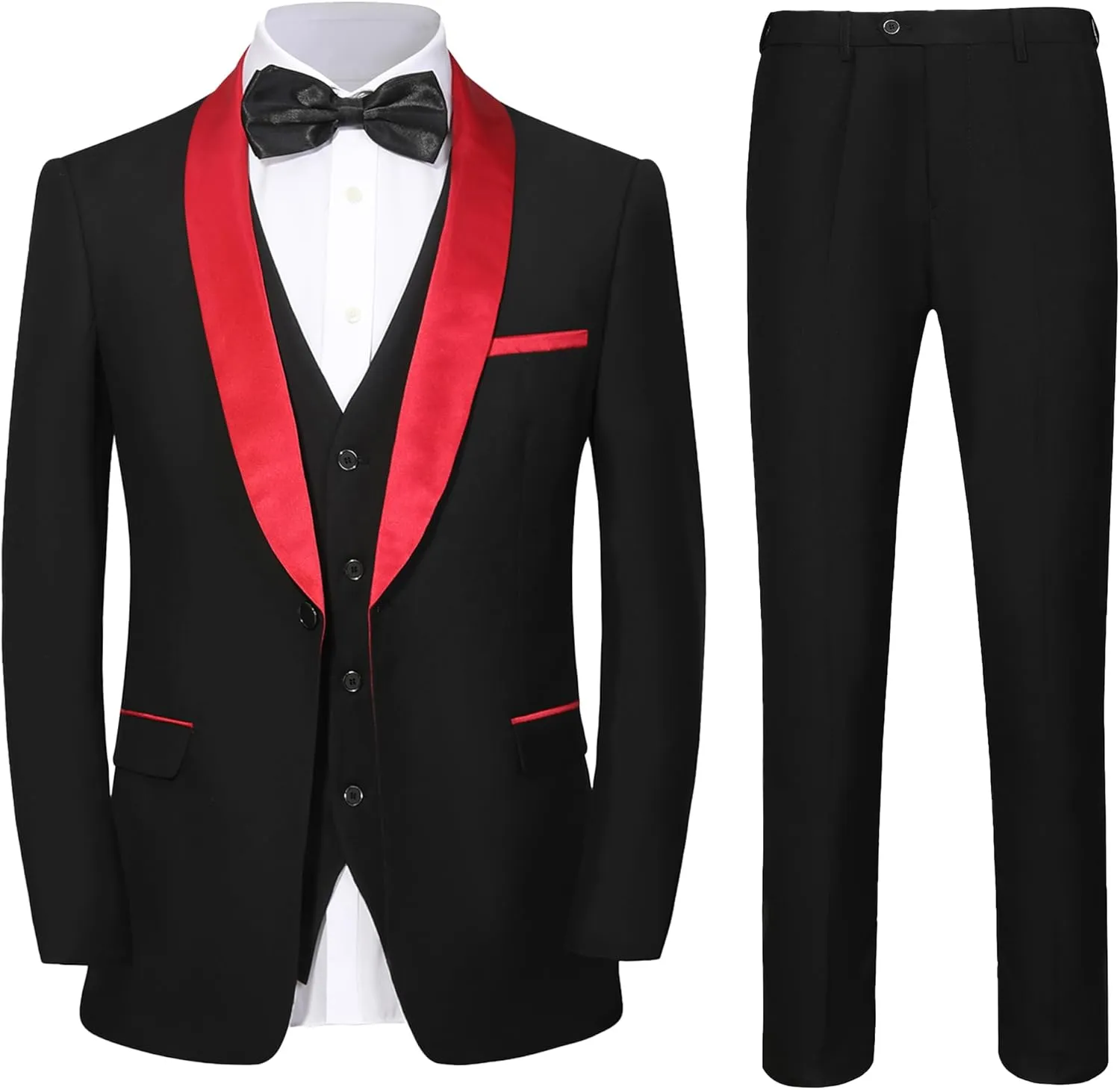 Men 3 Piece Slim Fit Suit Set One Button Solid Jacket Vest Pants Black Red XL