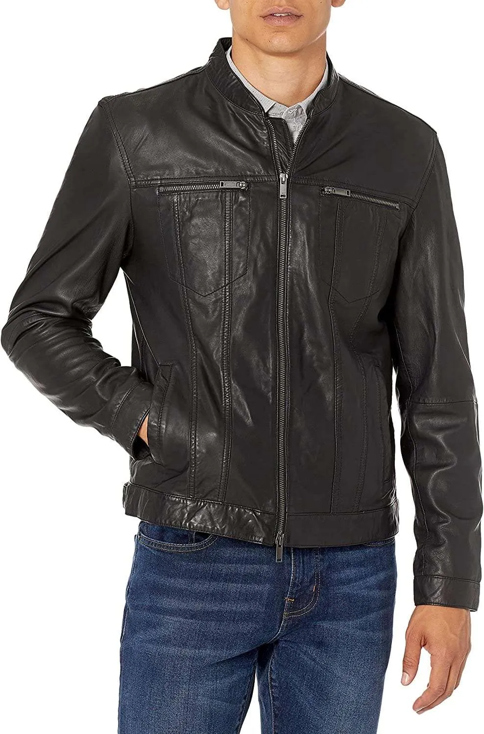 Men's Black Chris Wellford Leather Jacket with Shirt Style Collar