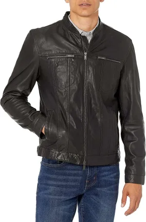 Men's Black Chris Wellford Leather Jacket with Shirt Style Collar