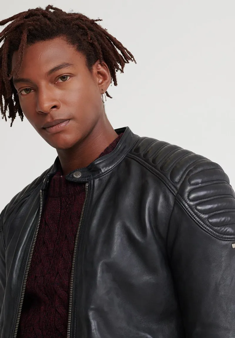 Men’s Black Leather Crew Neck Biker Jacket