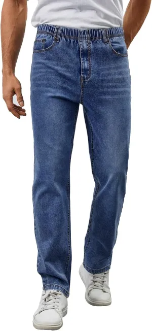 Mens Elastic Waist Jeans Relaxed Fit Stretch Denim Pants Straight Leg Jean with Zipper