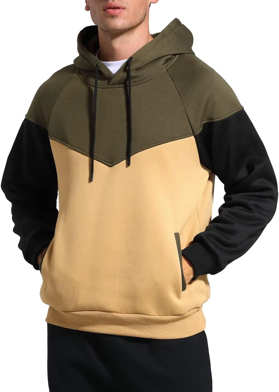 Men's Midweight Fleece Pullover Hoodies Casual Color Block Hooded Sweatshirt with Pockets