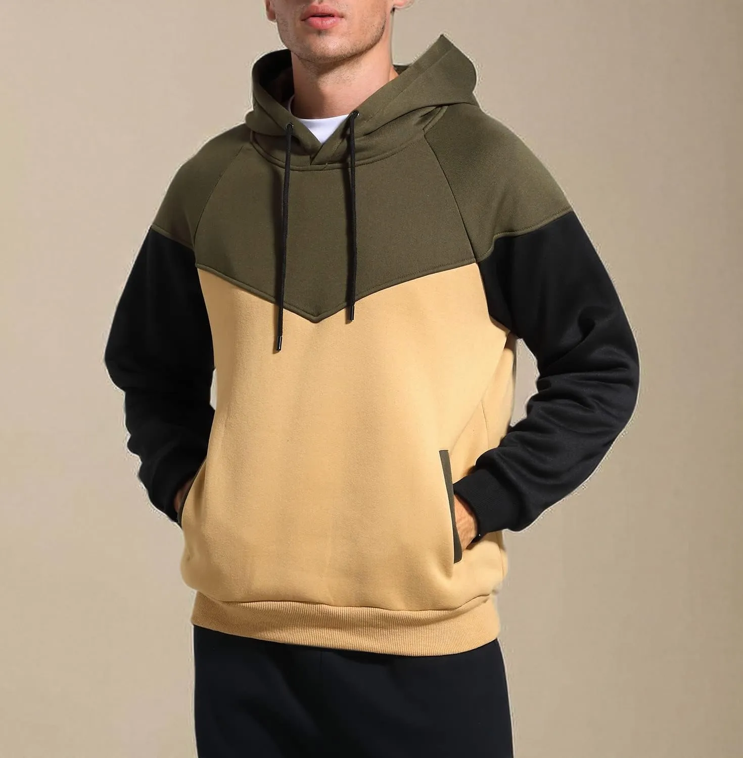 Men's Midweight Fleece Pullover Hoodies Casual Color Block Hooded Sweatshirt with Pockets