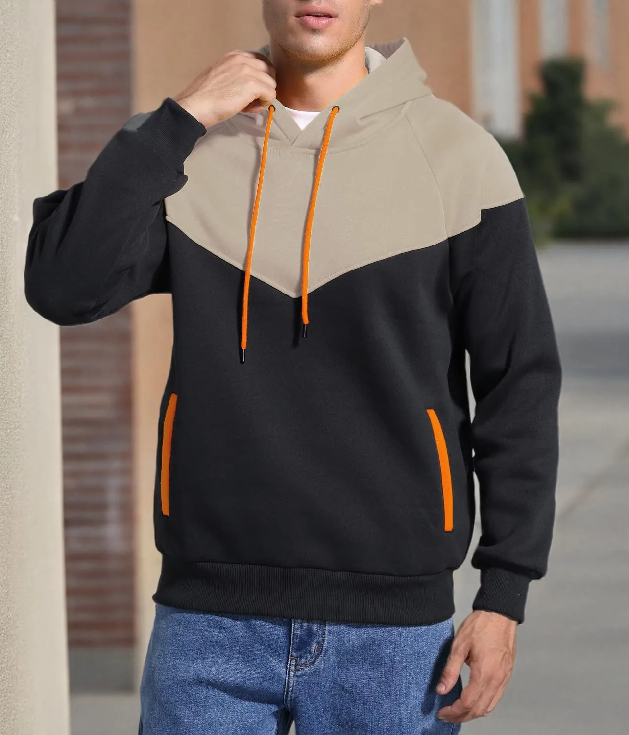 Men's Midweight Fleece Pullover Hoodies Casual Color Block Hooded Sweatshirt with Pockets