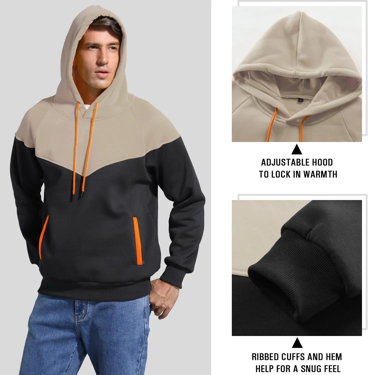 Men's Midweight Fleece Pullover Hoodies Casual Color Block Hooded Sweatshirt with Pockets