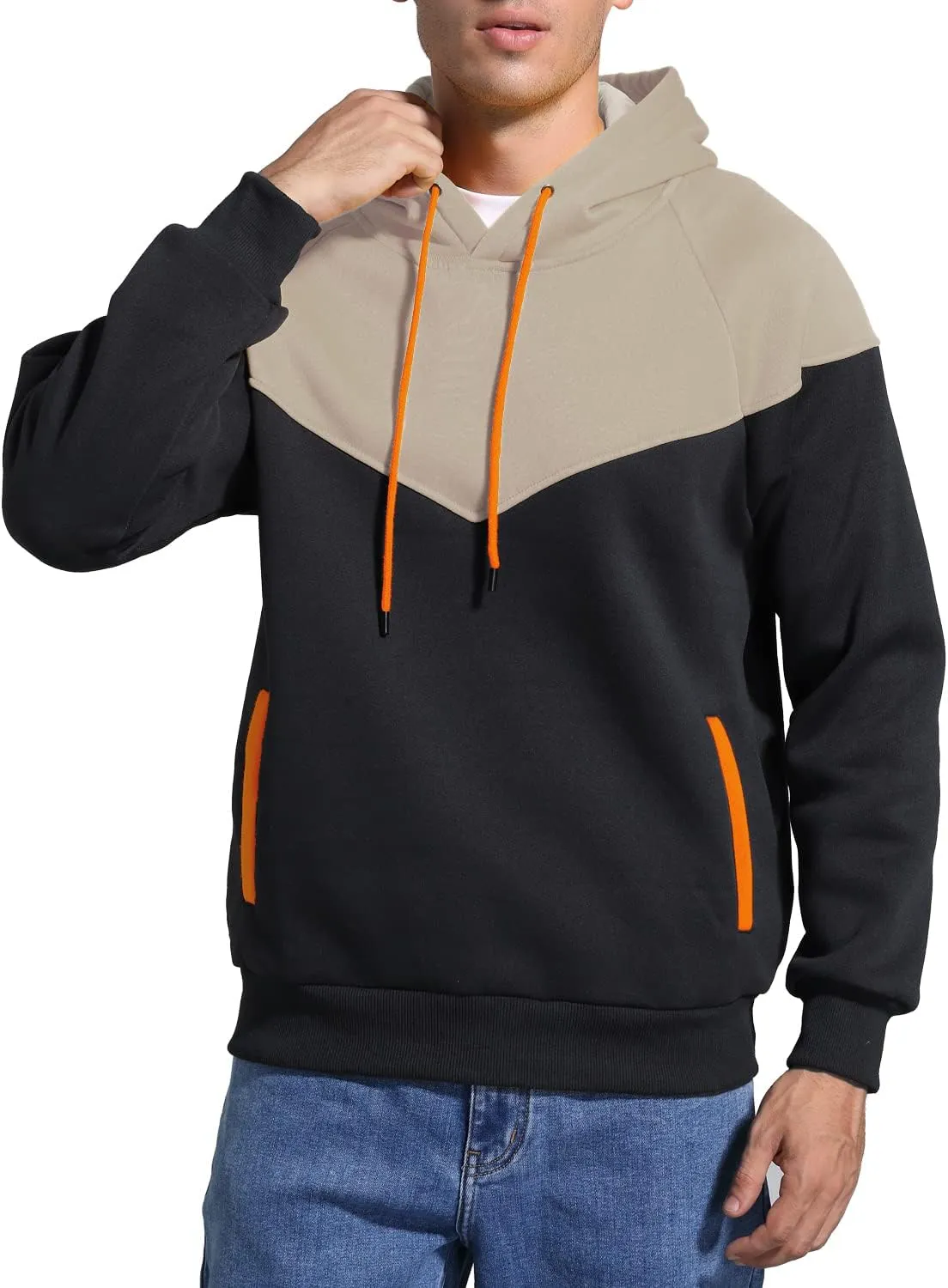 Men's Midweight Fleece Pullover Hoodies Casual Color Block Hooded Sweatshirt with Pockets