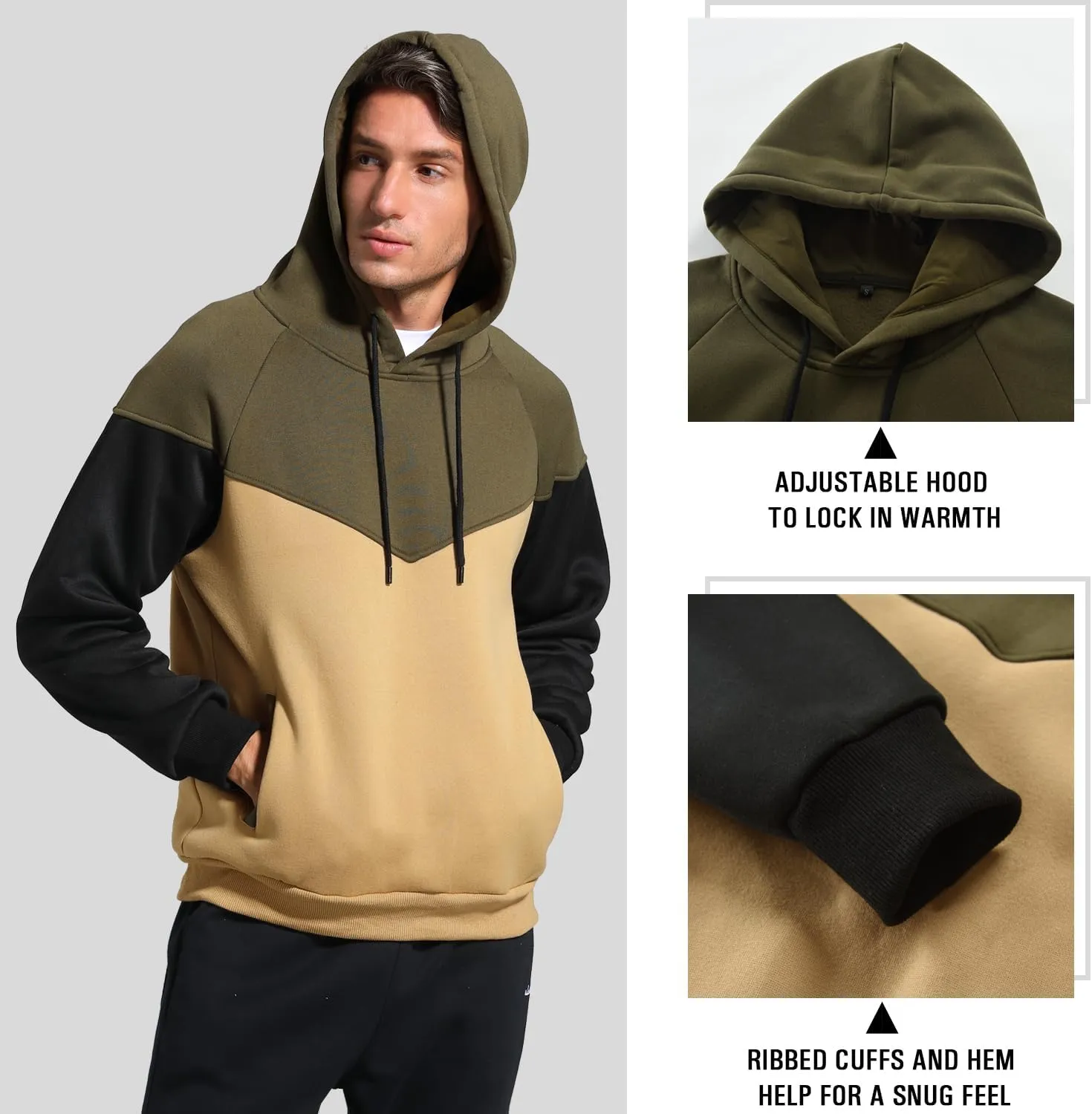 Men's Midweight Fleece Pullover Hoodies Casual Color Block Hooded Sweatshirt with Pockets
